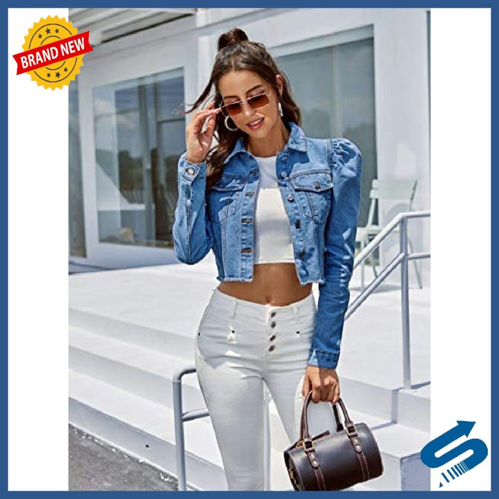 Ripped Puff Sleeve Denim Jacket Button Front Casual Streetwear - Picture 6 of 6